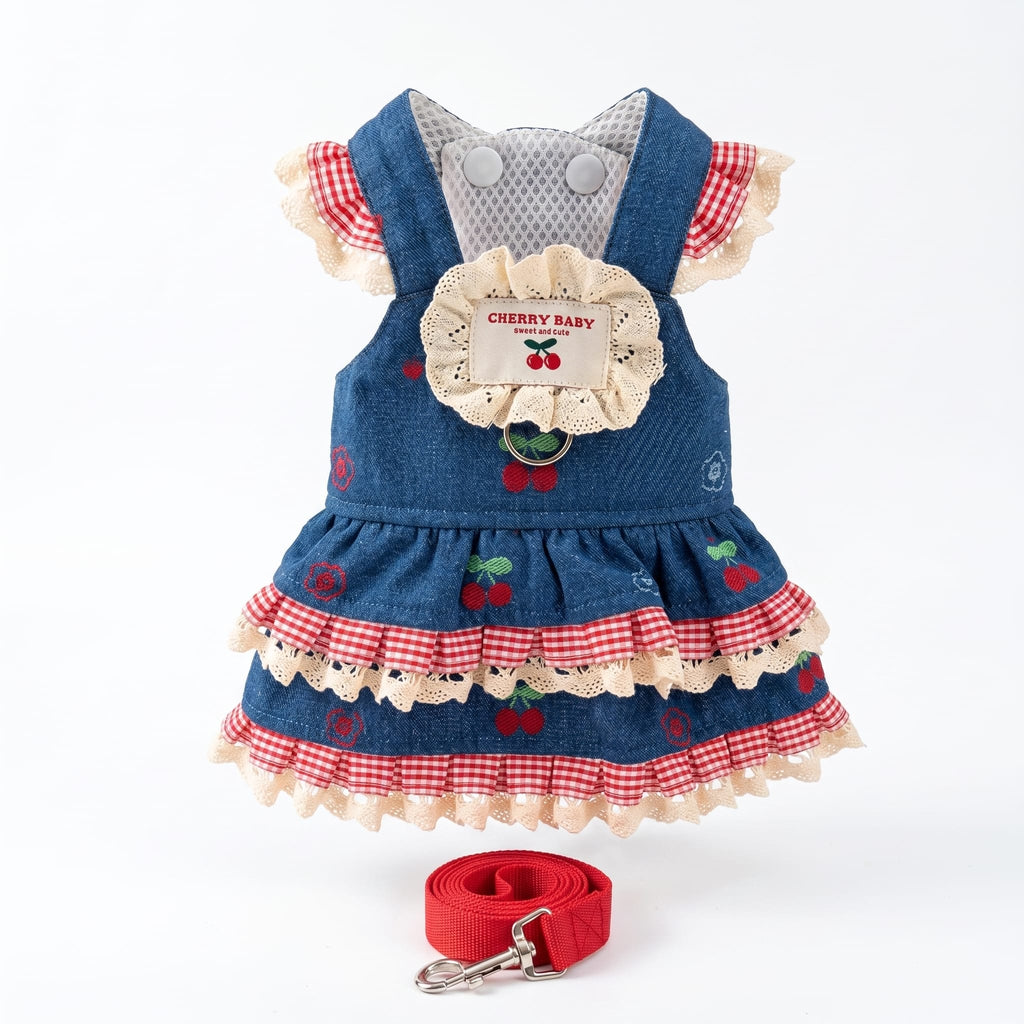 Denim Cherry Cat Dress with Leash Attachment