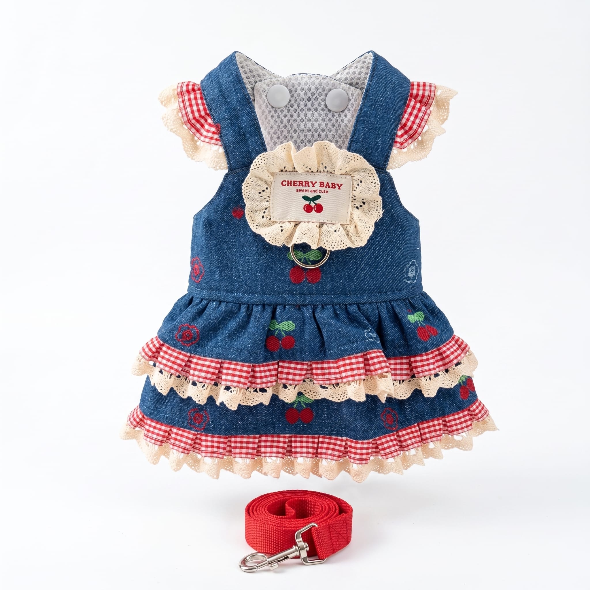 Denim Cherry Cat Dress with Leash Attachment