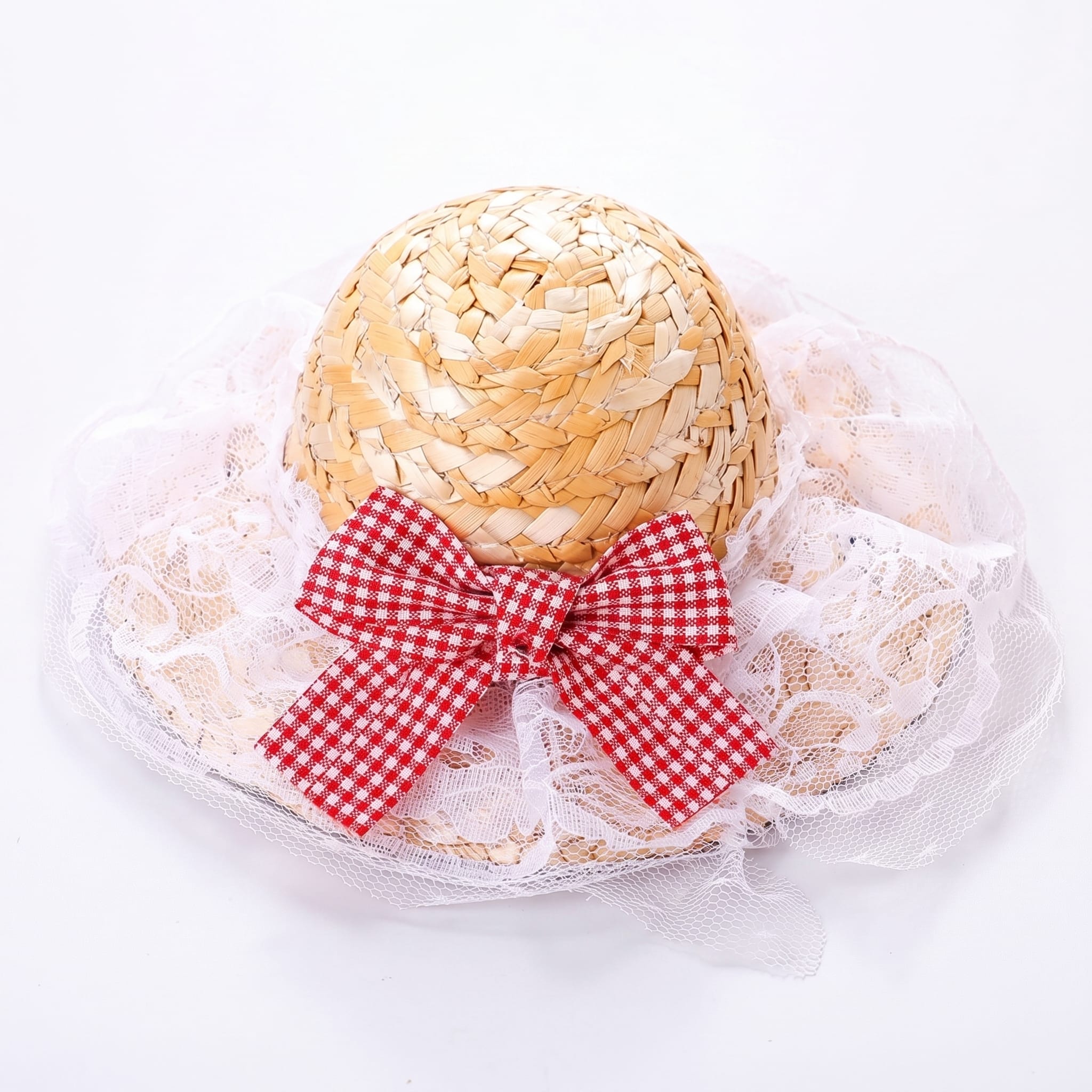 Boutique Straw Cat Hat with Gingham Bow Accent