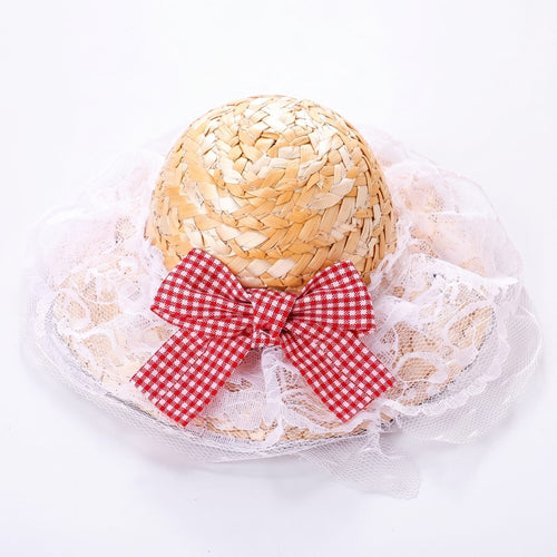 Boutique Straw Cat Hat with Gingham Bow Accent