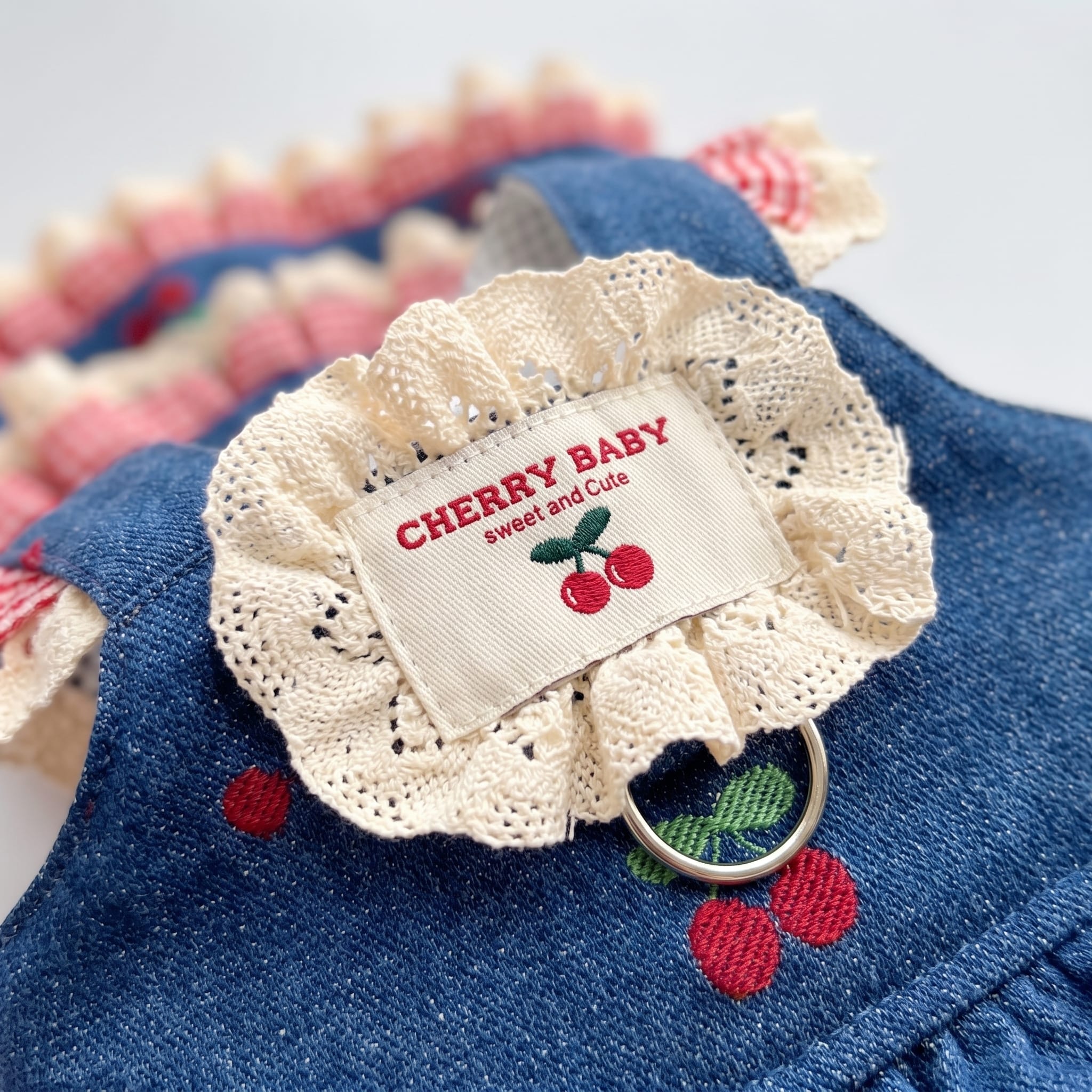 Denim Cherry Cat Dress with Leash Attachment