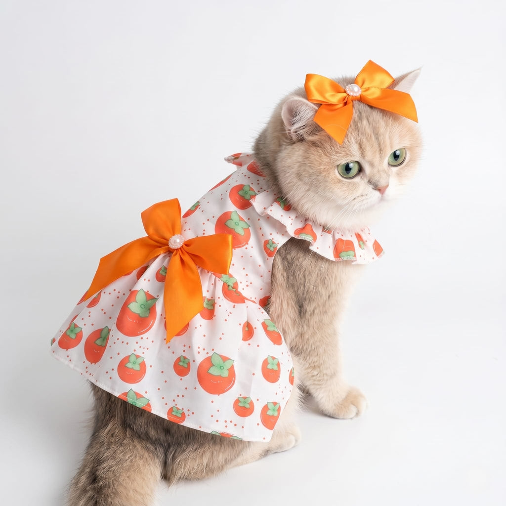 Fruit Print Bow Cat Summer Dress