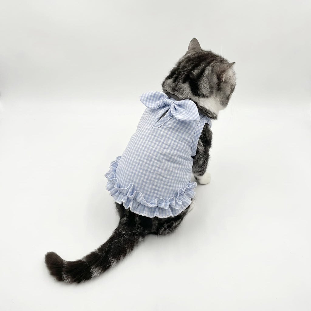 Blue Gingham Ruffle Cat Summer Dress