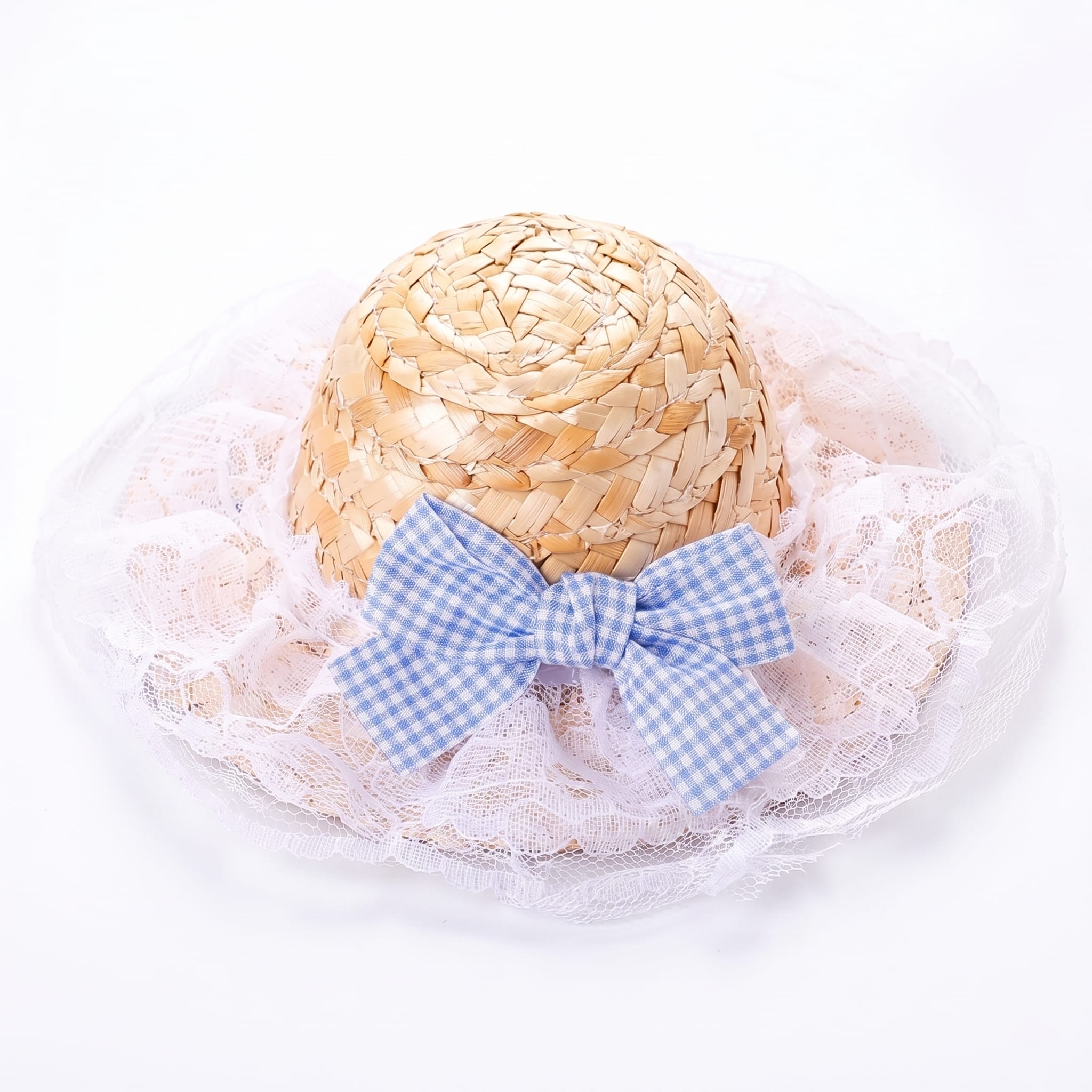 Boutique Straw Cat Hat with Gingham Bow Accent