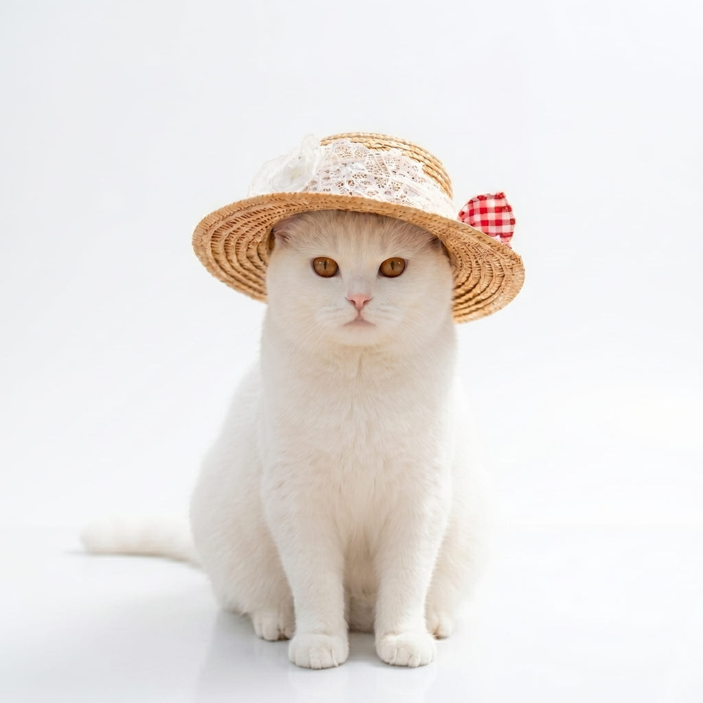 Boutique Straw Cat Hat with Gingham Bow Accent