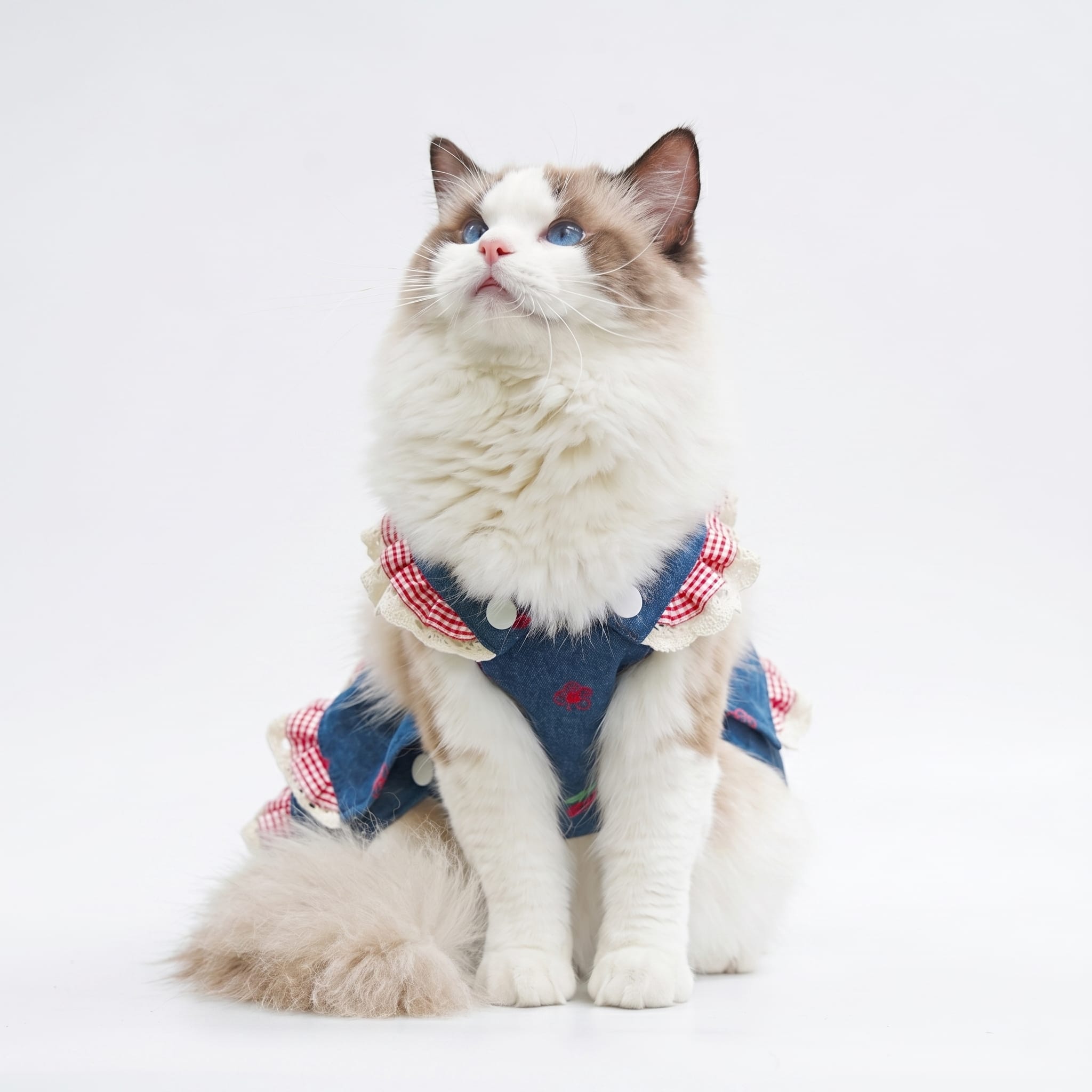 Denim Cherry Cat Dress with Leash Attachment