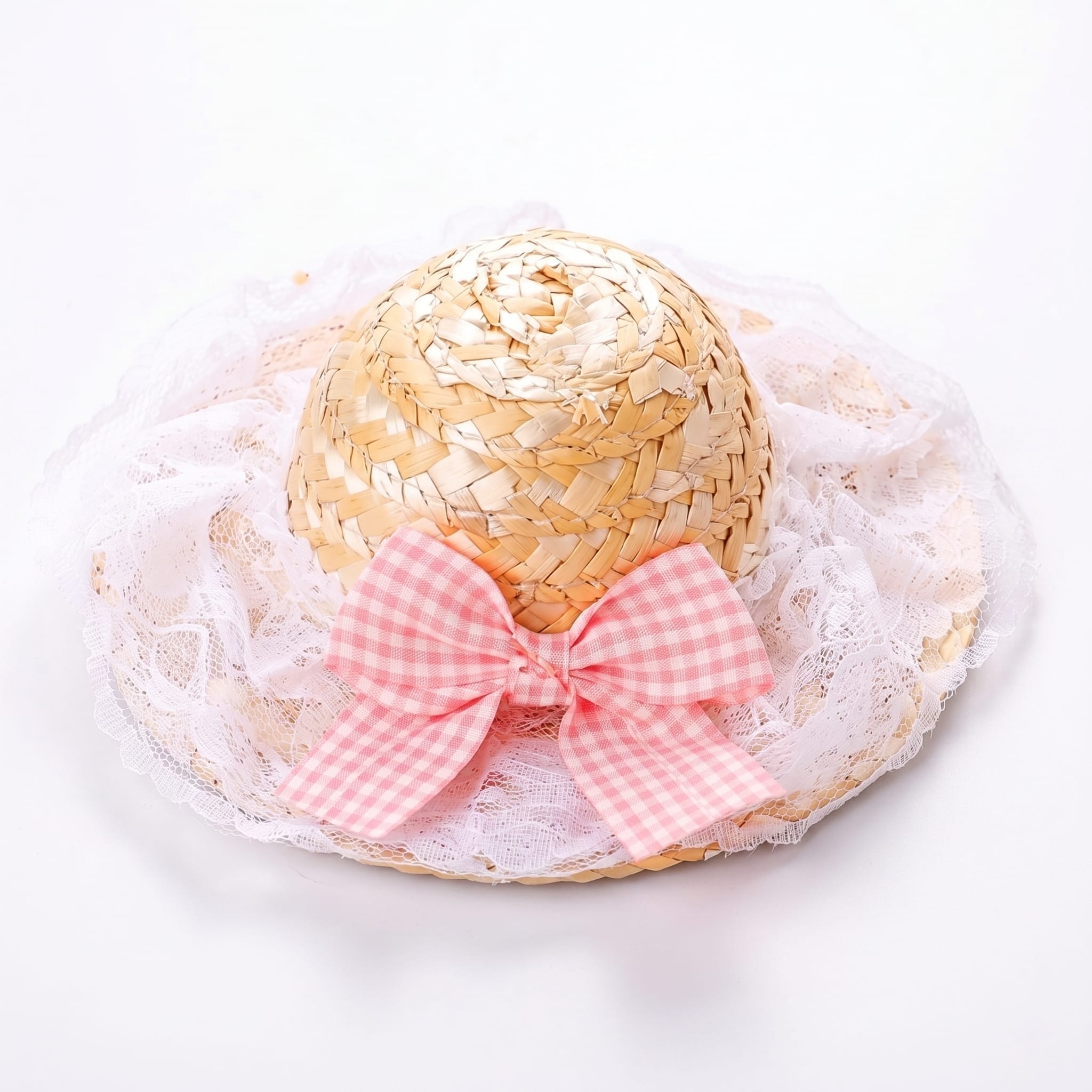 Boutique Straw Cat Hat with Gingham Bow Accent